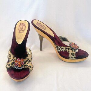 Hale Bob Burgundy and Leopard Sandals with Jewel Accents